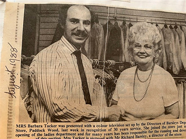 Newspaper cutting marking Barbara Tucker's 30 years of service at Barsleys in 1988